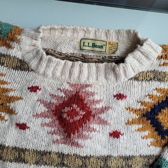 LL Bean Southwestern Print 100% Cotton Crew Neck Sweater Size L - Picture 3 of 7